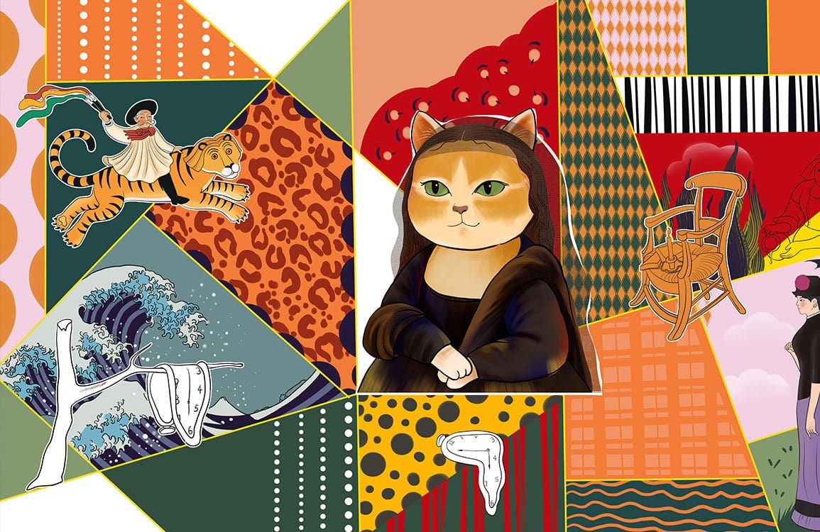 Eclectic Artistic Collage Mural Wallpaper with Vibrant Colours and Whimsical Style