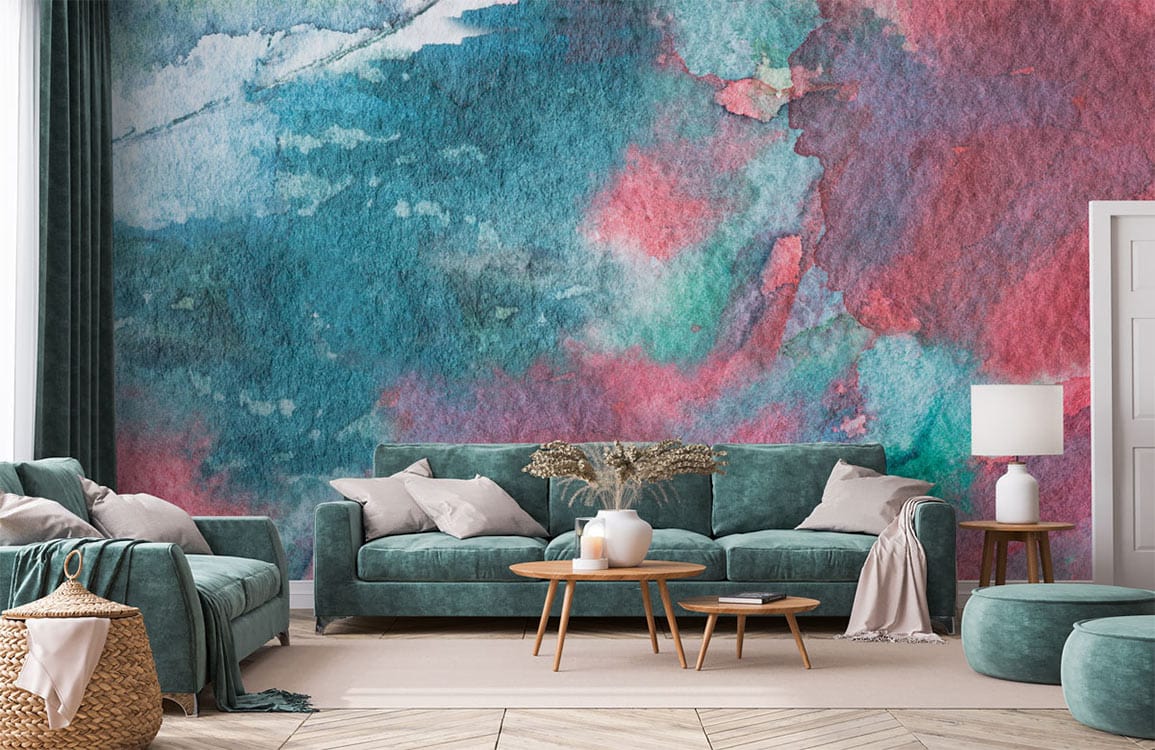 Abstract watercolour wallpaper, vibrant red-green artistic design, teal sofa, modern living room, wooden flooring.