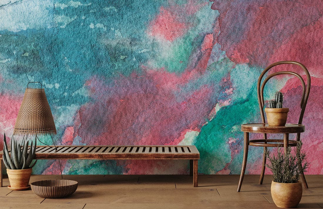 Abstract watercolour wallpaper with red, green design, wooden bench, chair, and wooden flooring in room.