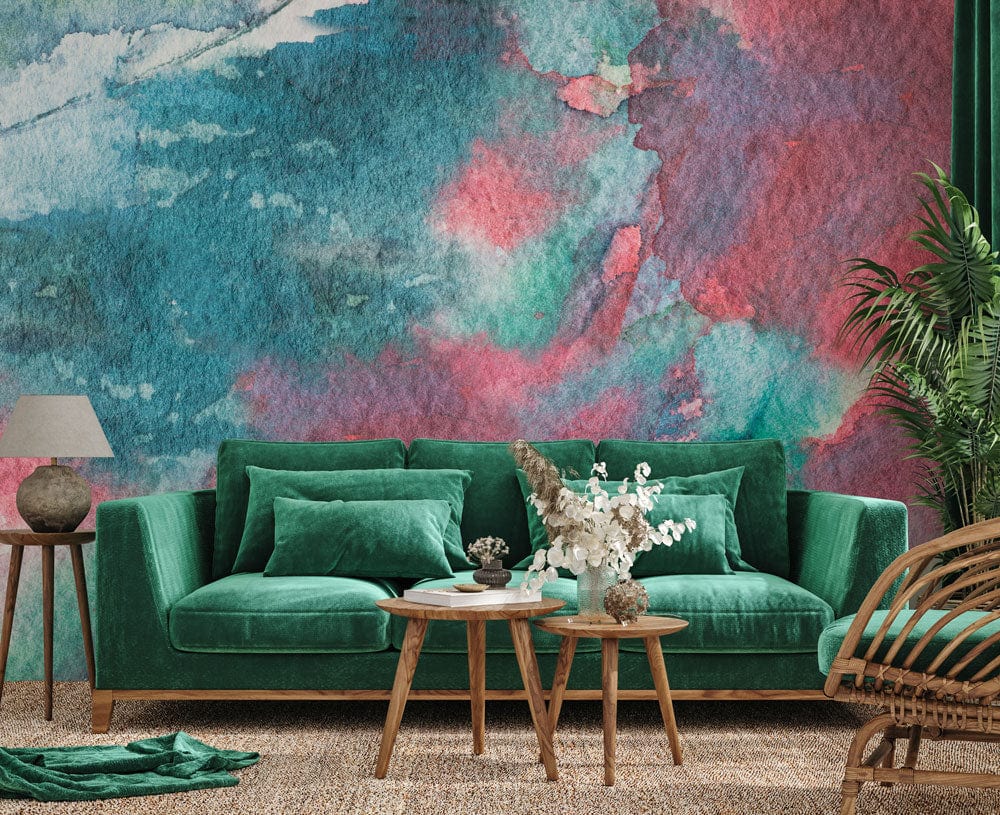 Abstract Watercolour Wallpaper with vivid red and green, green velvet sofa, natural woven flooring.