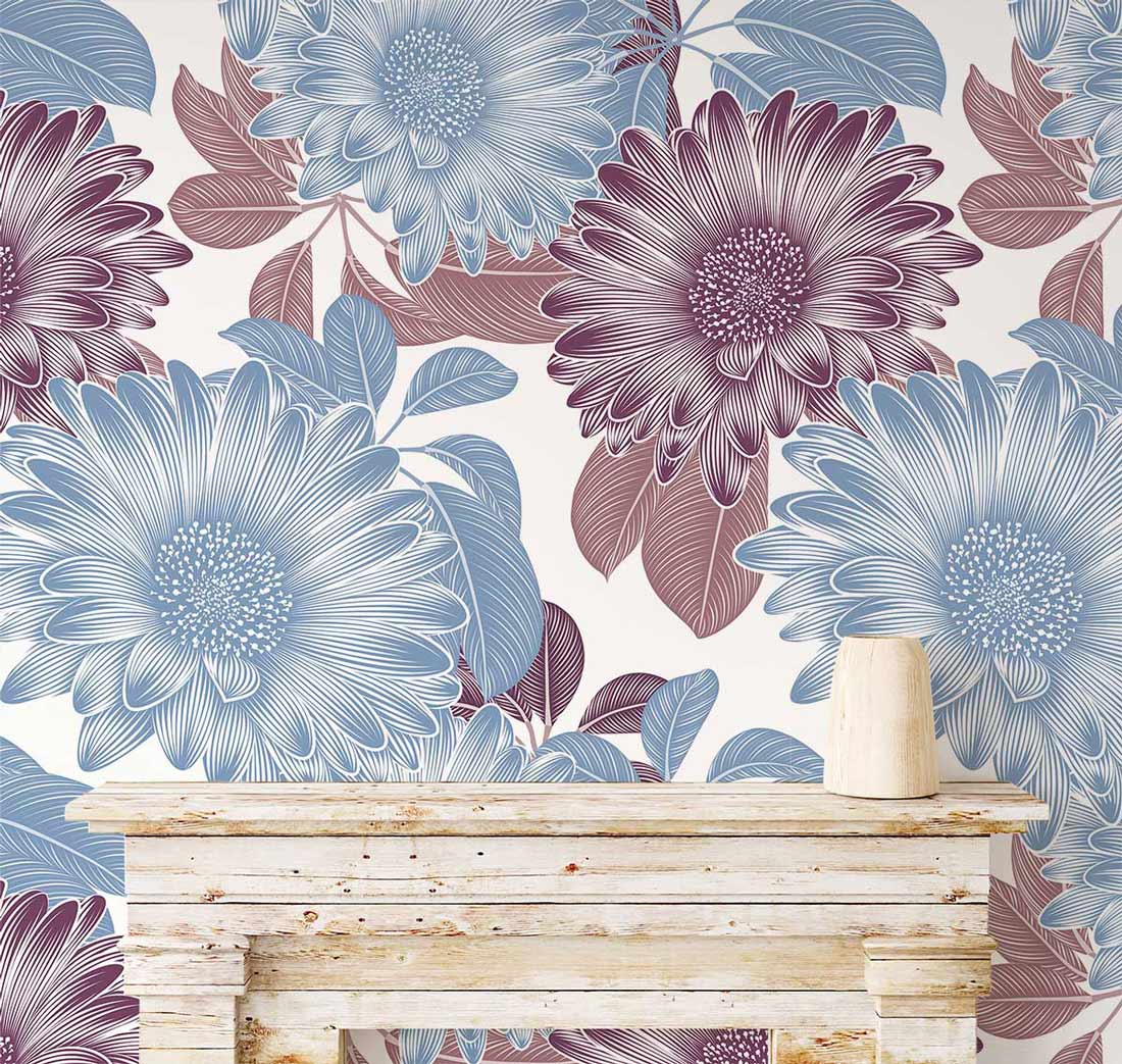 Blue and burgundy vintage floral wallpaper, elegant design, rustic wooden mantle, decorative candle accessory.