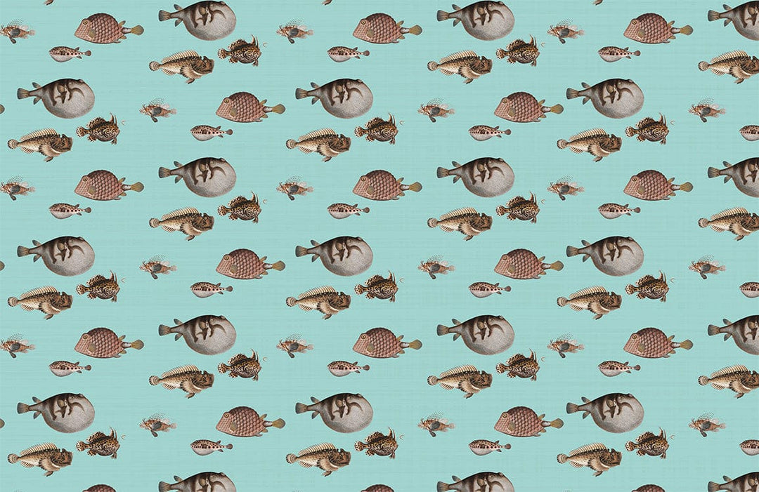Vintage Aquatic Life Turquoise Fish Pattern Wallpaper for Nautical Decor