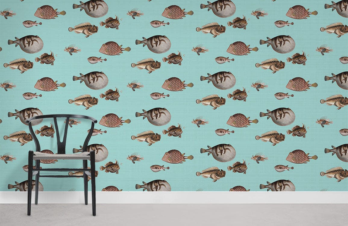 Vintage Aquatic Life Turquoise Fish Pattern Wallpaper, nautical decor with black chair on grey flooring.