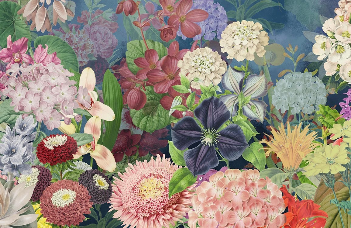 Vintage Botanical Garden Wallpaper with Colourful Floral Pattern for Elegant Interiors