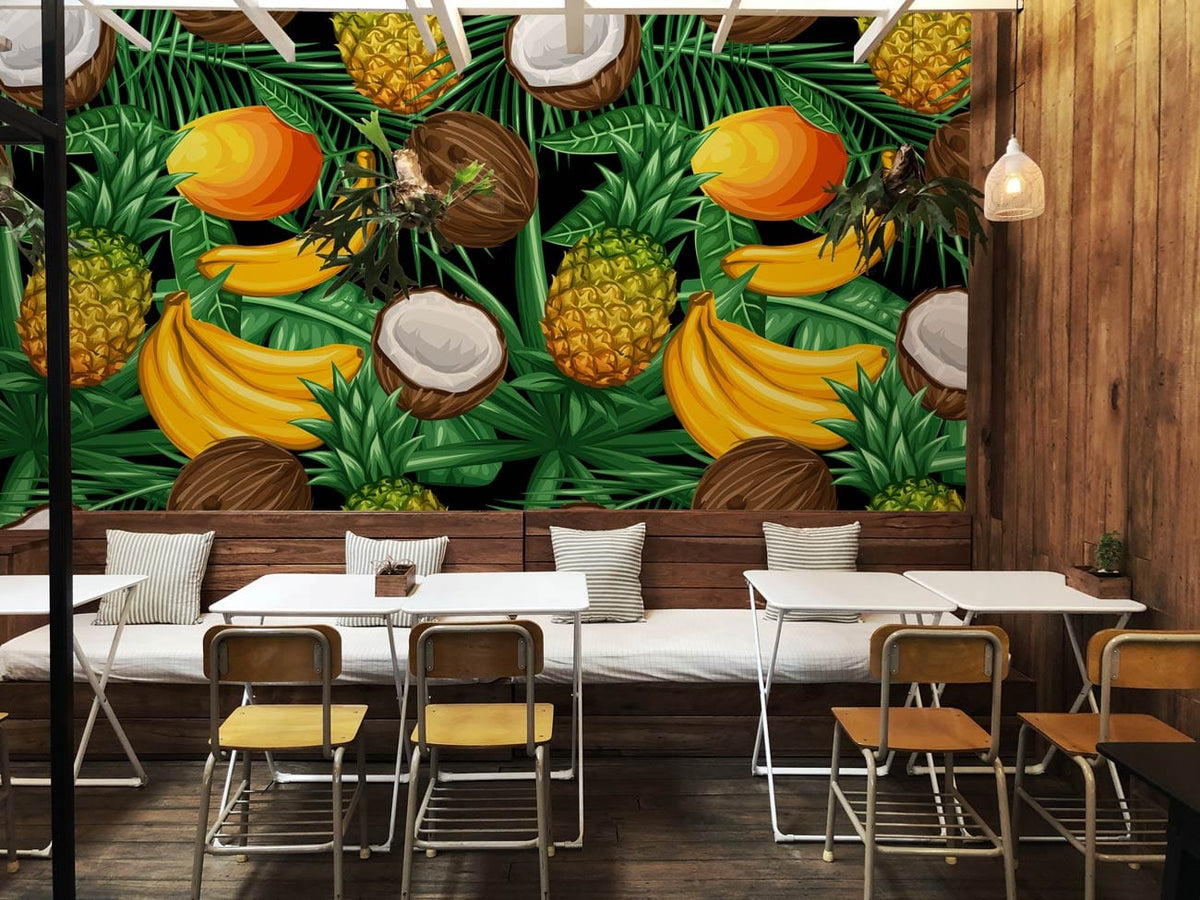 Tropical Fruit Splash Wallpaper with bananas, pineapples, coconuts in rustic cafe with wooden walls.