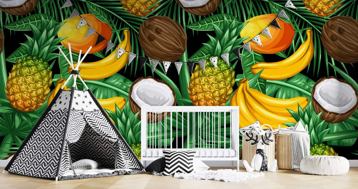 Tropical Fruit Splash Wallpaper featuring bananas, pineapples, coconuts. Children's room with monochrome play tent.