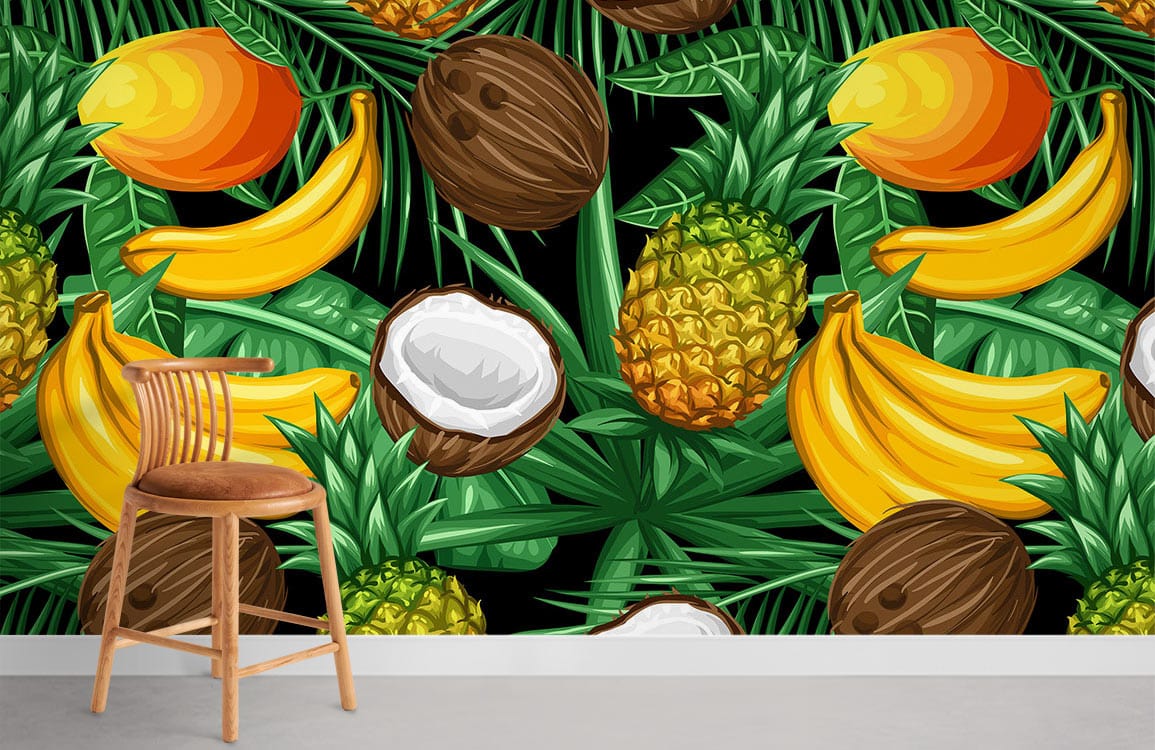 Tropical Fruit Splash Wallpaper with bananas, pineapple in vibrant room setting, wooden stool present.