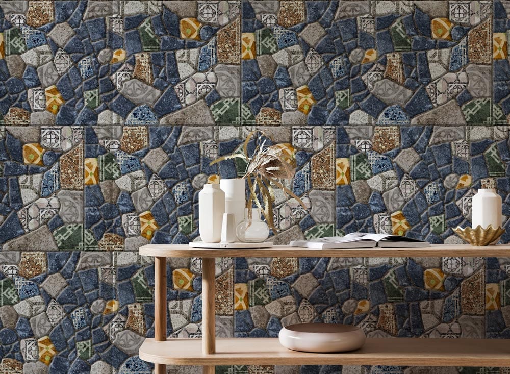 Colourful mosaic stone tile effect wallpaper in modern setting with wooden table, enhancing interior Décor.