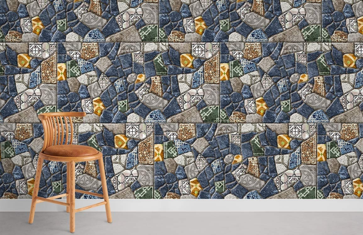 Colourful mosaic stone tile effect wallpaper, modern wooden chair, grey flooring, interior design decor.
