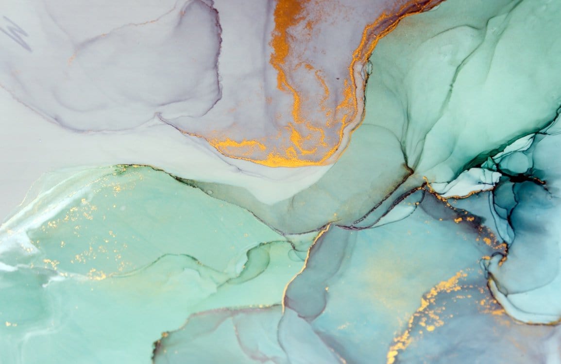 Aqua and Gold Abstract Watercolour Patterned Wallpaper for Elegant Modern Interiors