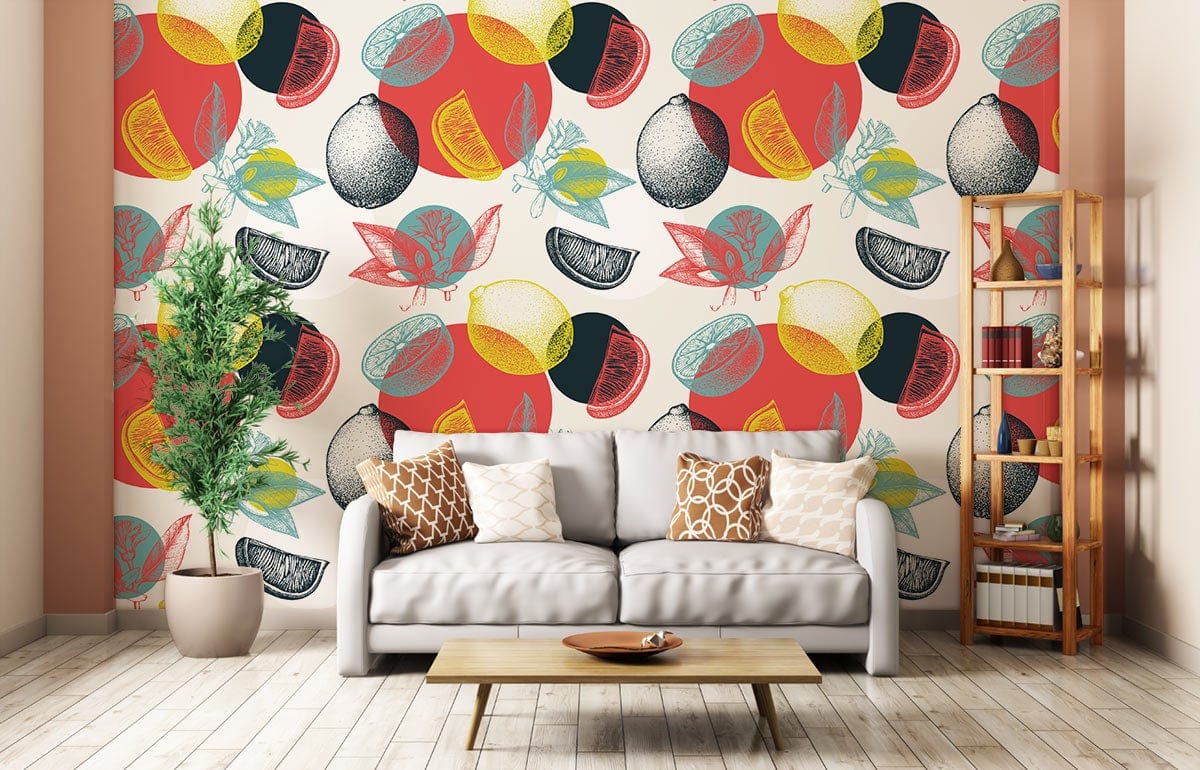 Vibrant Citrus Burst Mural Wallpaper: Colourful Retro Fruit Pattern Design