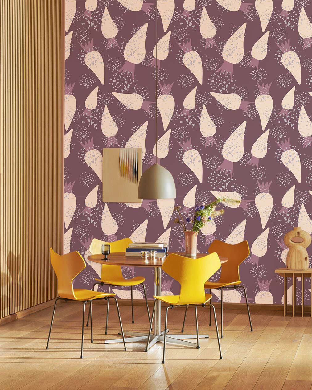 Vintage Purple Abstract Floral Wallpaper with Yellow Chairs, Wooden Flooring, Pendant Light, Dining Area Design.