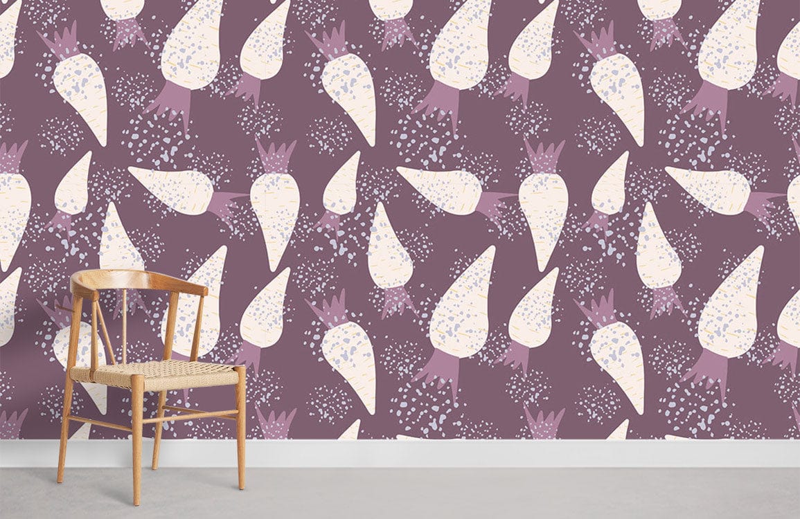 Vintage Purple Abstract Floral Wallpaper, bold interiors, wooden chair, light grey flooring, modern elegance.