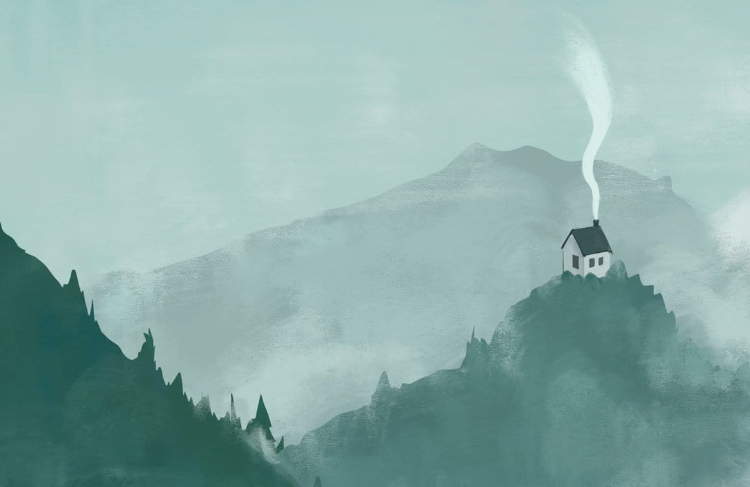 Tranquil Green Mountain Landscape Mural Wallpaper with Dreamy Cottage Scene