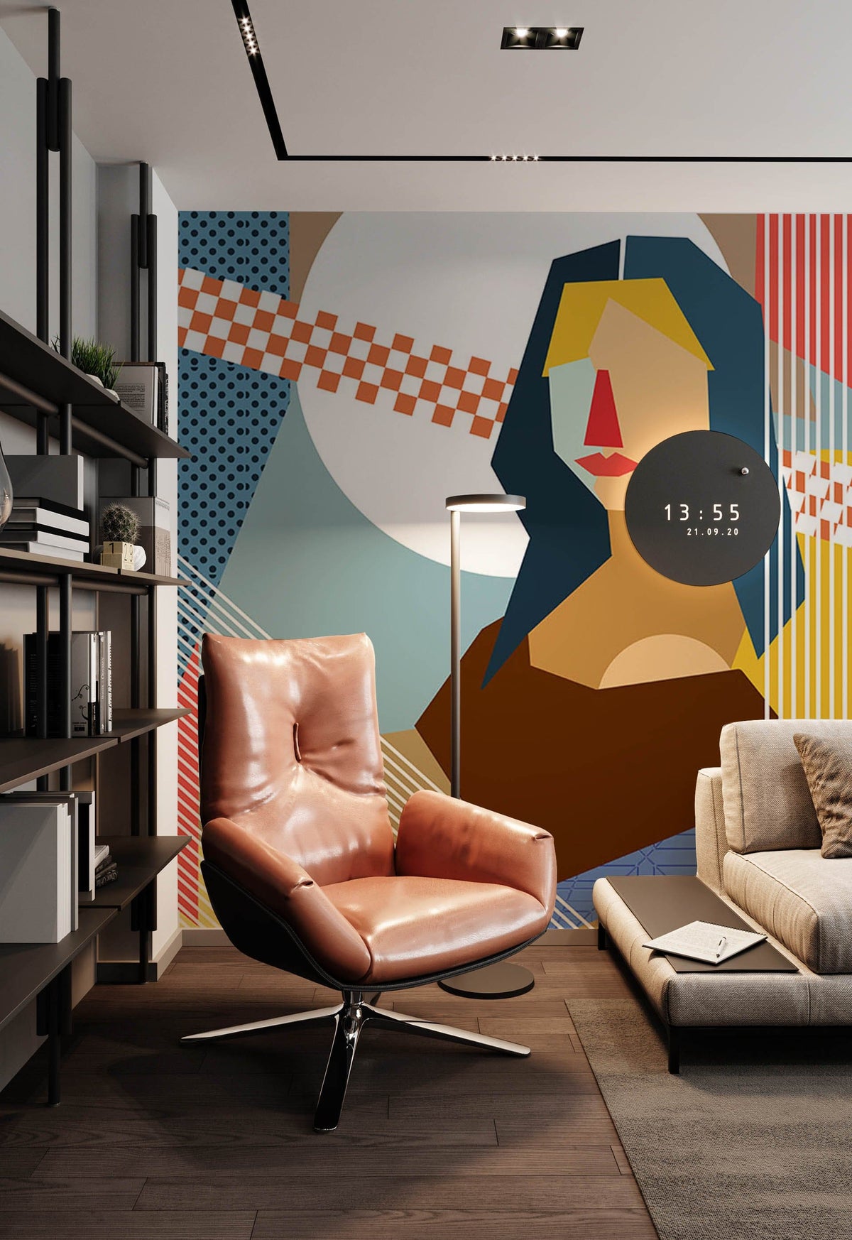 Abstract geometric pop art mural wallpaper with modern design in living room, featuring leather chair.