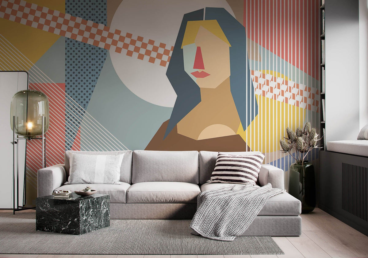 Modern living room with abstract geometric pop art mural wallpaper, grey sofa, marble coffee table, wooden flooring.