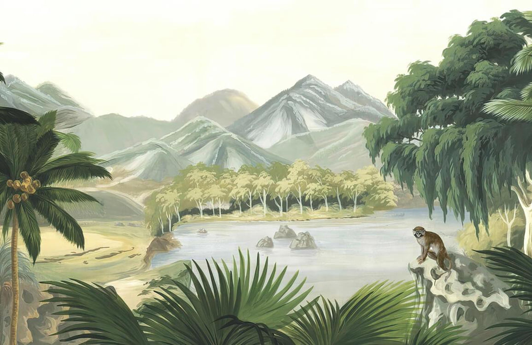 Tranquil Mountain Landscape Mural Wallpaper with Lush Greenery and Forest Scene.