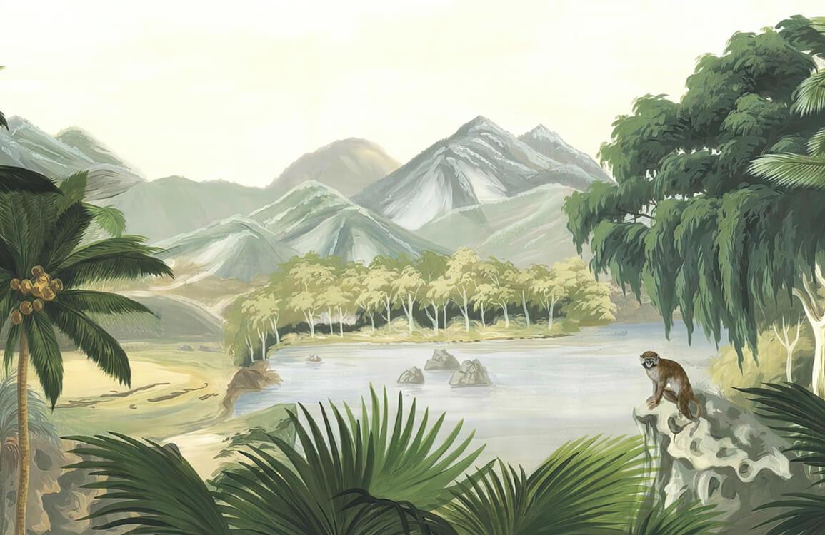 Tranquil Mountain Landscape Mural Wallpaper with Lush Greenery and Forest Scene.