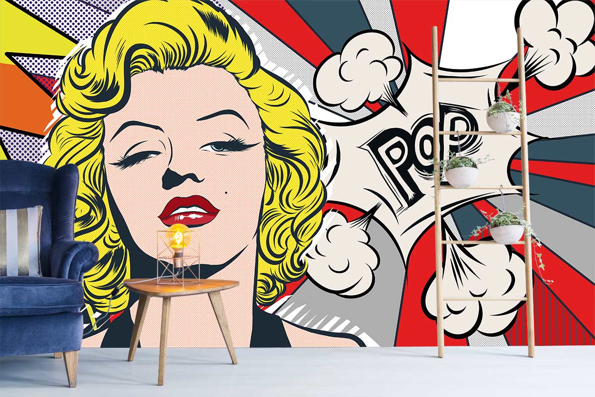 Retro Pop Art Wall Mural in colourful room with blue velvet sofa and light wooden floor.