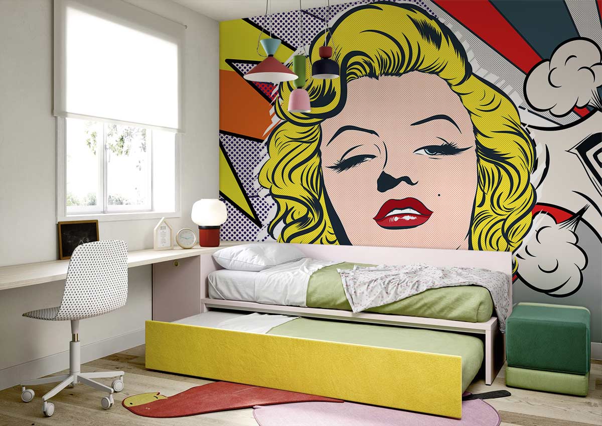 Retro Pop Art Comic Style Wall Mural, vibrant colours, modern bedroom, bunk bed, wooden flooring.