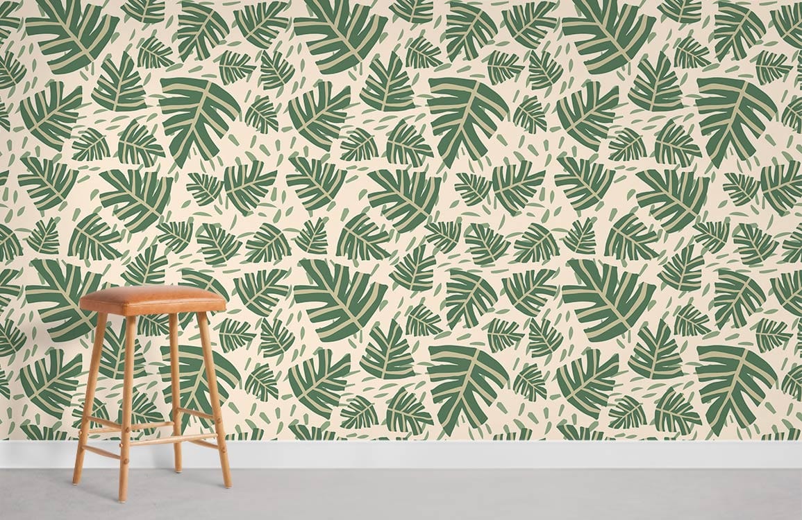 Tropical Green Leaf Wallpaper with botanical pattern, wooden stool, modern decor for stylish living space.