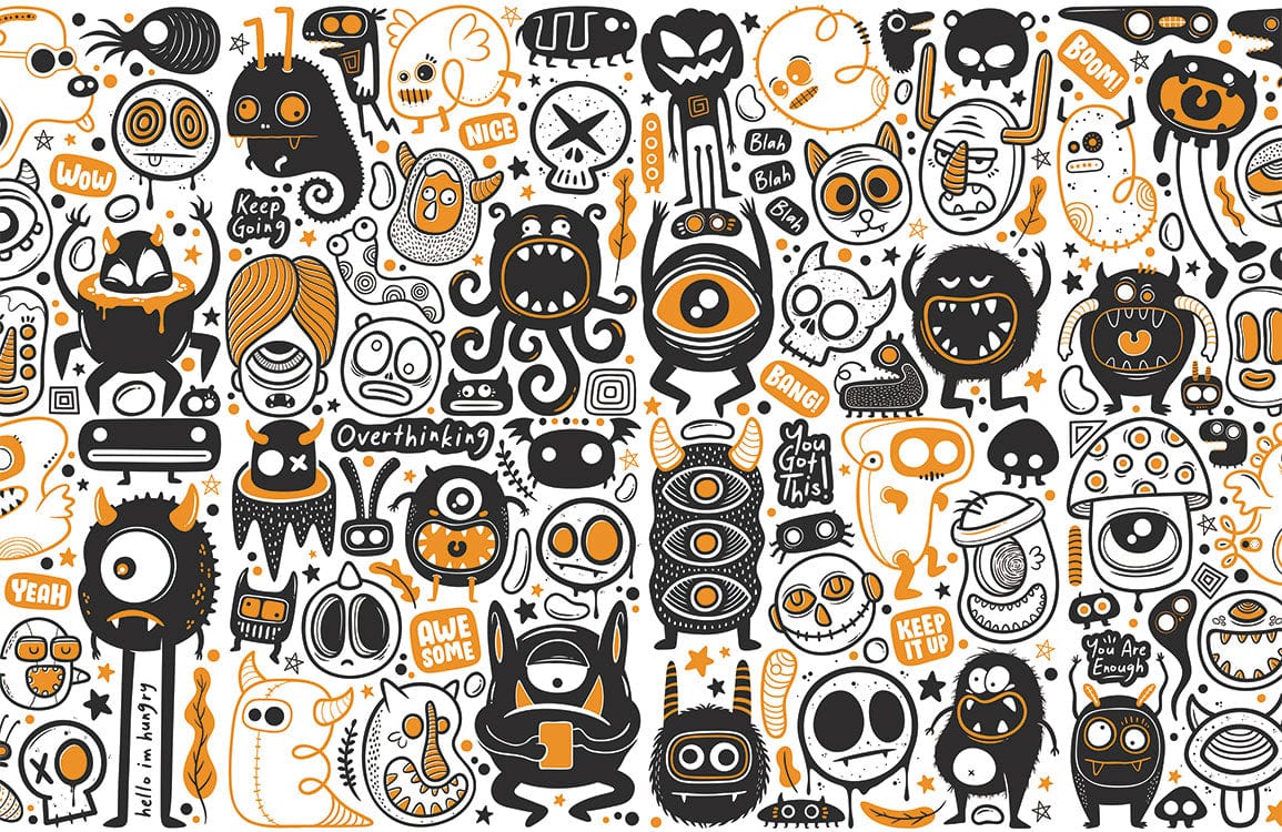 Playful Doodle Monster Black and Orange Cartoon Mural Wallpaper Pattern