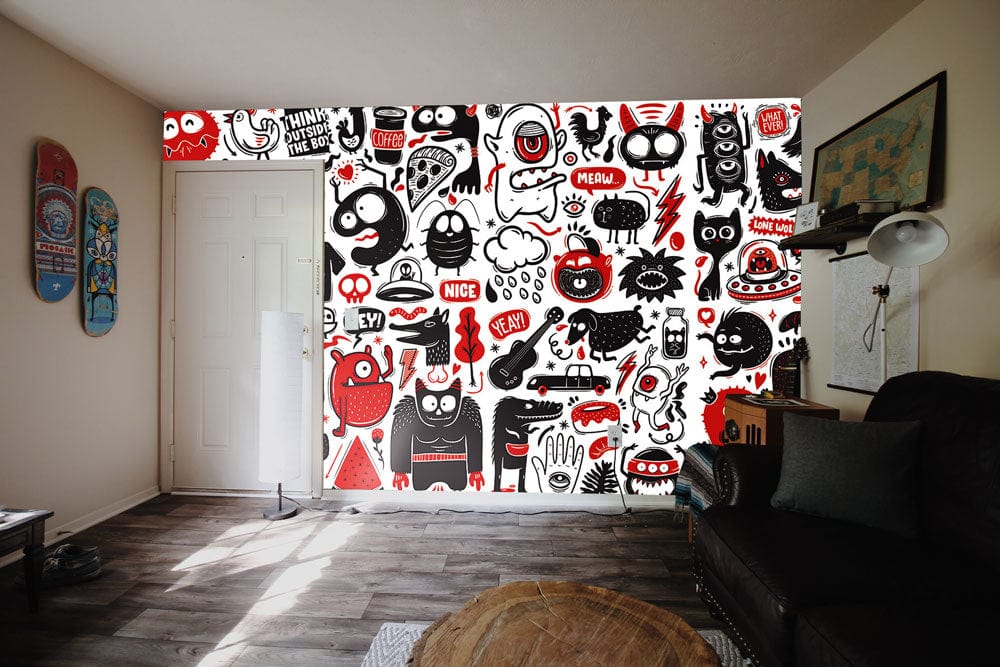 Playful red and black doodle wallpaper mural for kids, featuring wood flooring, black sofa, skateboard decor.