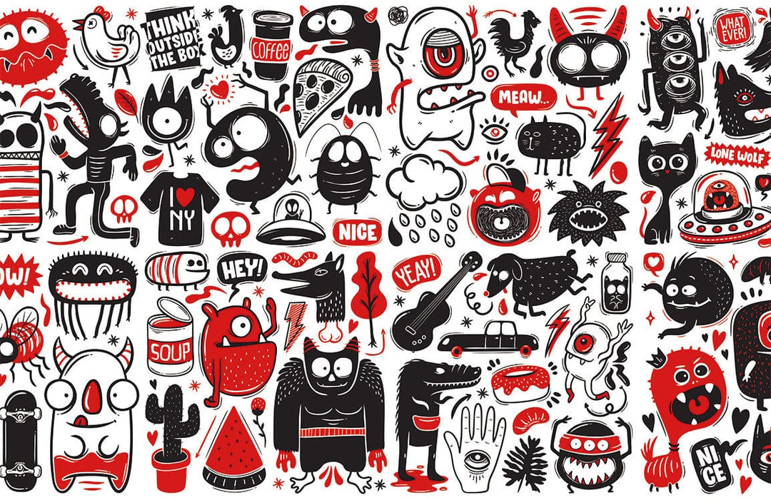 Playful Red and Black Cartoon Doodle Pattern Wallpaper Mural for Kids