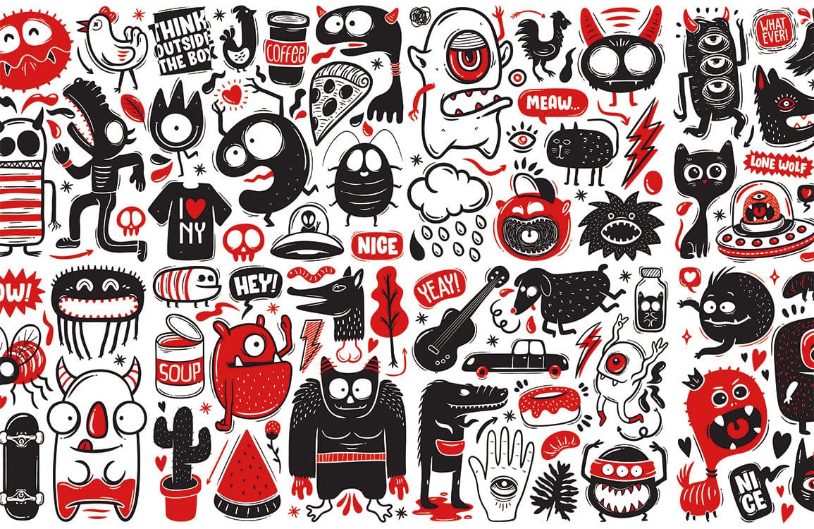 Playful Red and Black Cartoon Doodle Pattern Wallpaper Mural for Kids