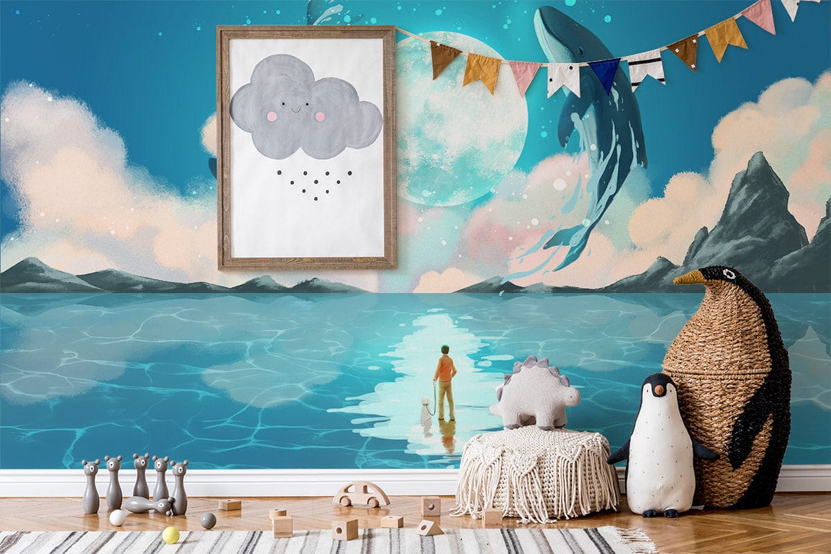 Dreamy Ocean Adventure mural in child's room with wooden flooring, plush toys, and cloud artwork.