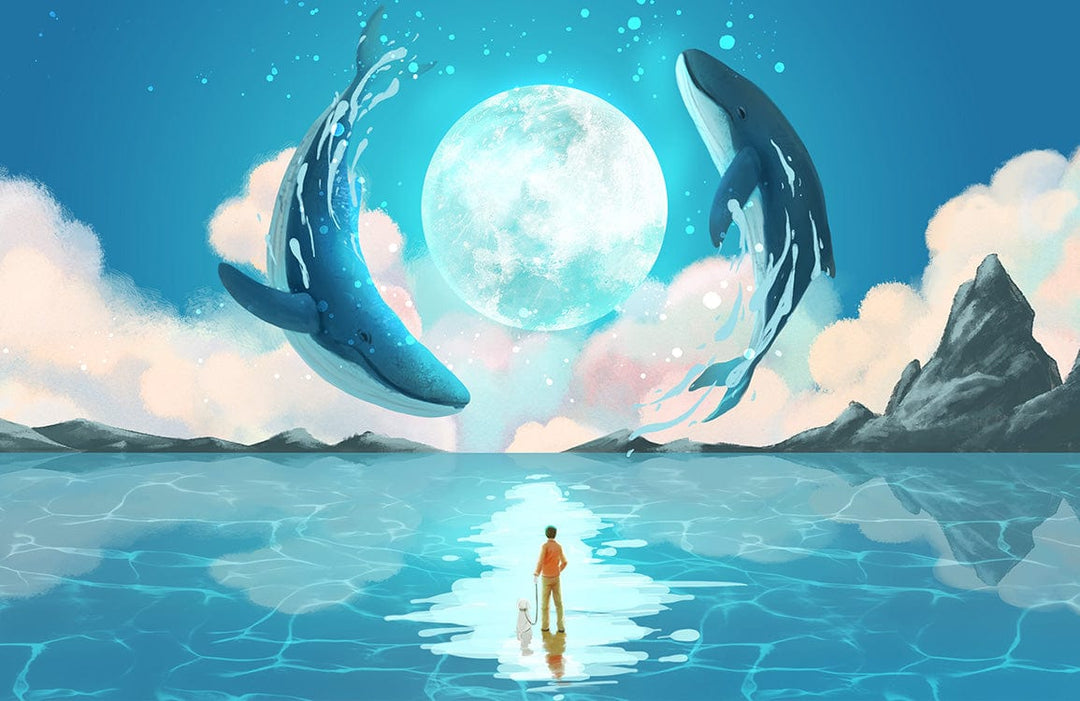 Dreamy Ocean Adventure Mural Wallpaper - Blue Whales and Moonlight Art