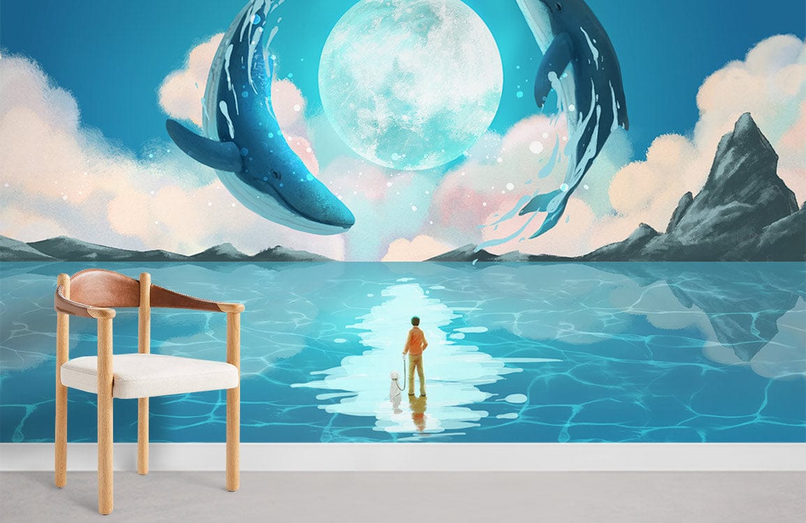 Dreamy Ocean Adventure Mural Wallpaper features blue whales and moonlit scene, wooden chair included.