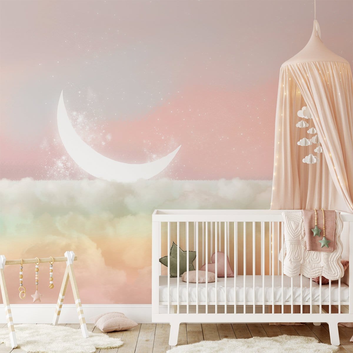 Ethereal Pastel Sky mural wallpaper in nursery room with white crib, wooden flooring, delicate decor.