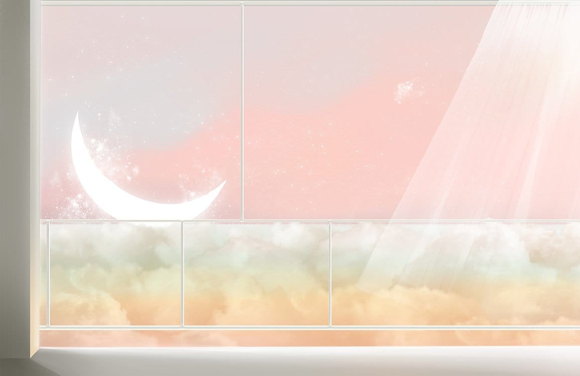Celestial Dreamscape Pastel Mural Wallpaper with Crescent Moon and Clouds Design