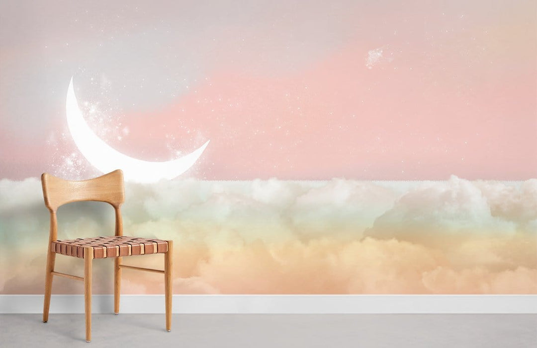 Ethereal pastel sky mural with crescent moon, wooden chair, on grey flooring in living room.