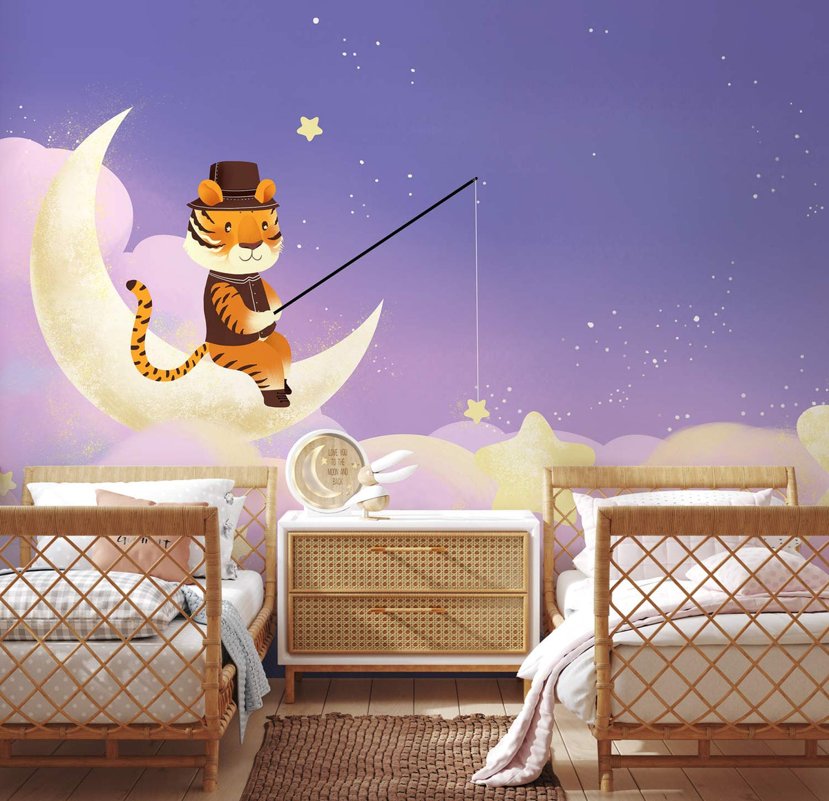 Children's room with Dreamy Tiger Moonlit Sky mural, white nursery furniture, rattan-style beds, wooden flooring.