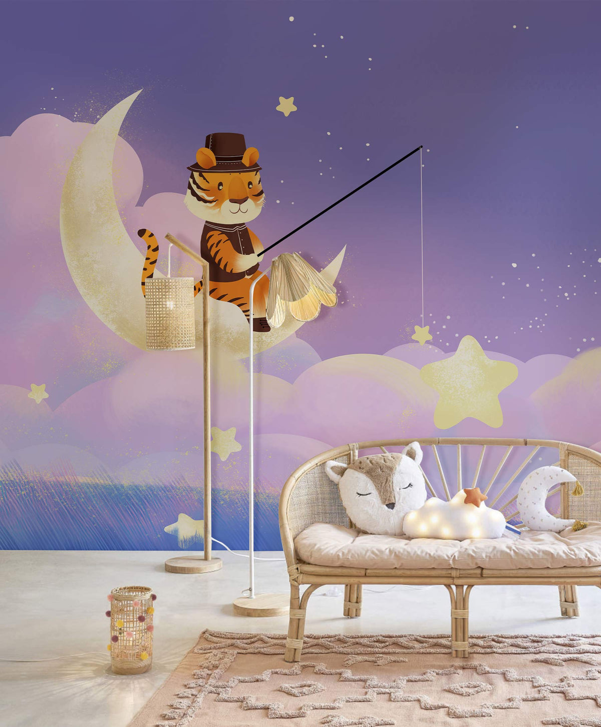 Dreamy Tiger Moonlit Sky mural with wicker sofa in children's room, pastel colours, whimsical theme.