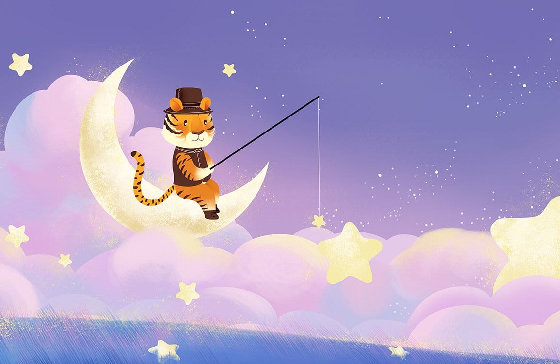 Dreamy Tiger Moonlit Sky Children's Mural Wallpaper in Pastel Colours