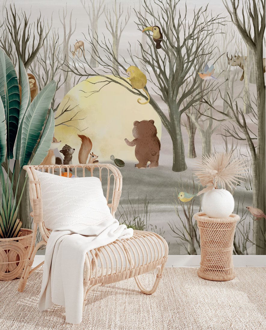 Whimsical woodland animal mural with rattan chair, pastel forest scene, neutral decor, natural flooring.