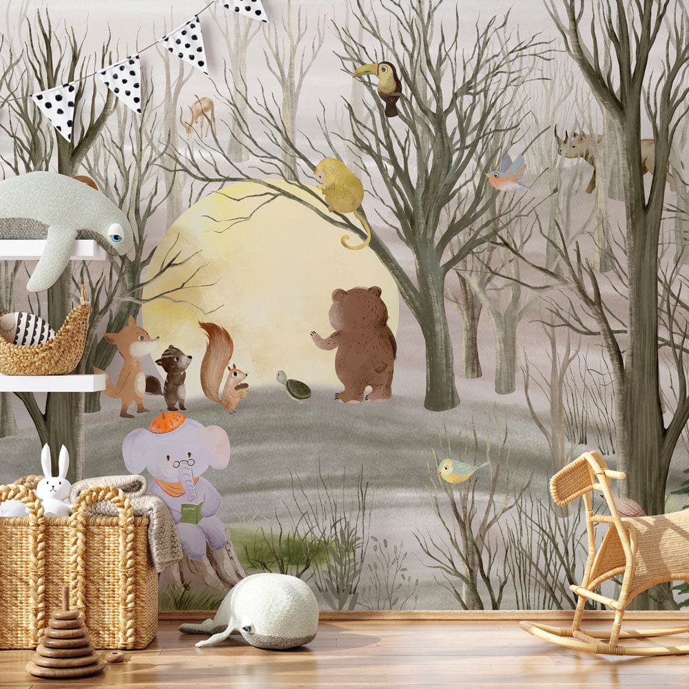 Whimsical Woodland Animal Mural Wallpaper in nursery with pastel forest, wooden flooring, and playful decor.