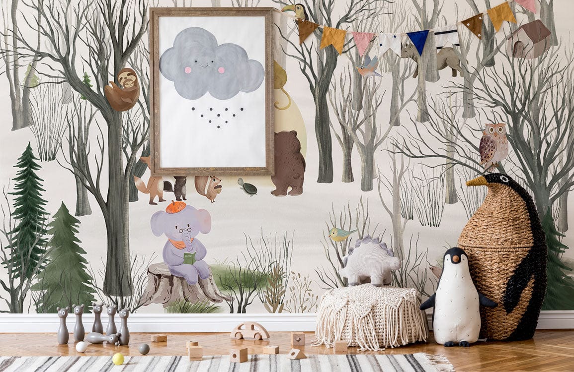 Enchanted Woodland Animals Mural Wallpaper in soft pastel, wooden flooring, children's room decor.