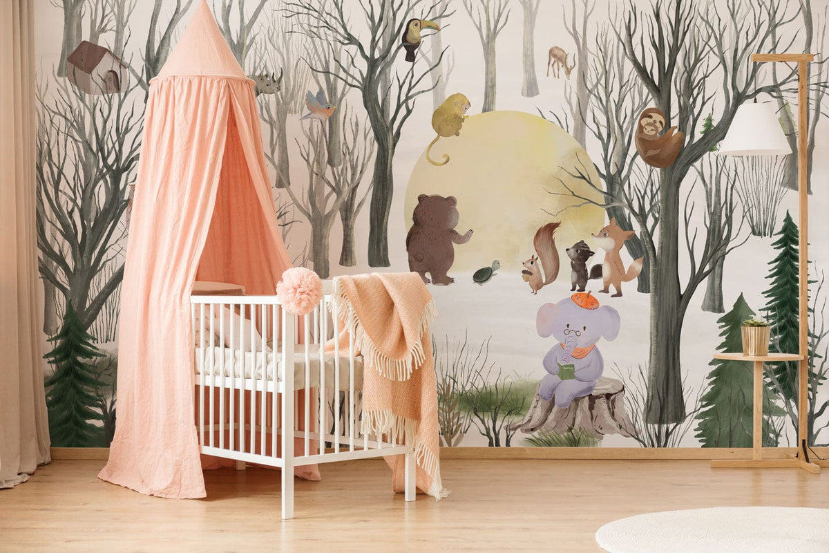 Enchanted Woodland Animals mural with pink canopy, white crib, pastel nursery decor, wooden flooring.