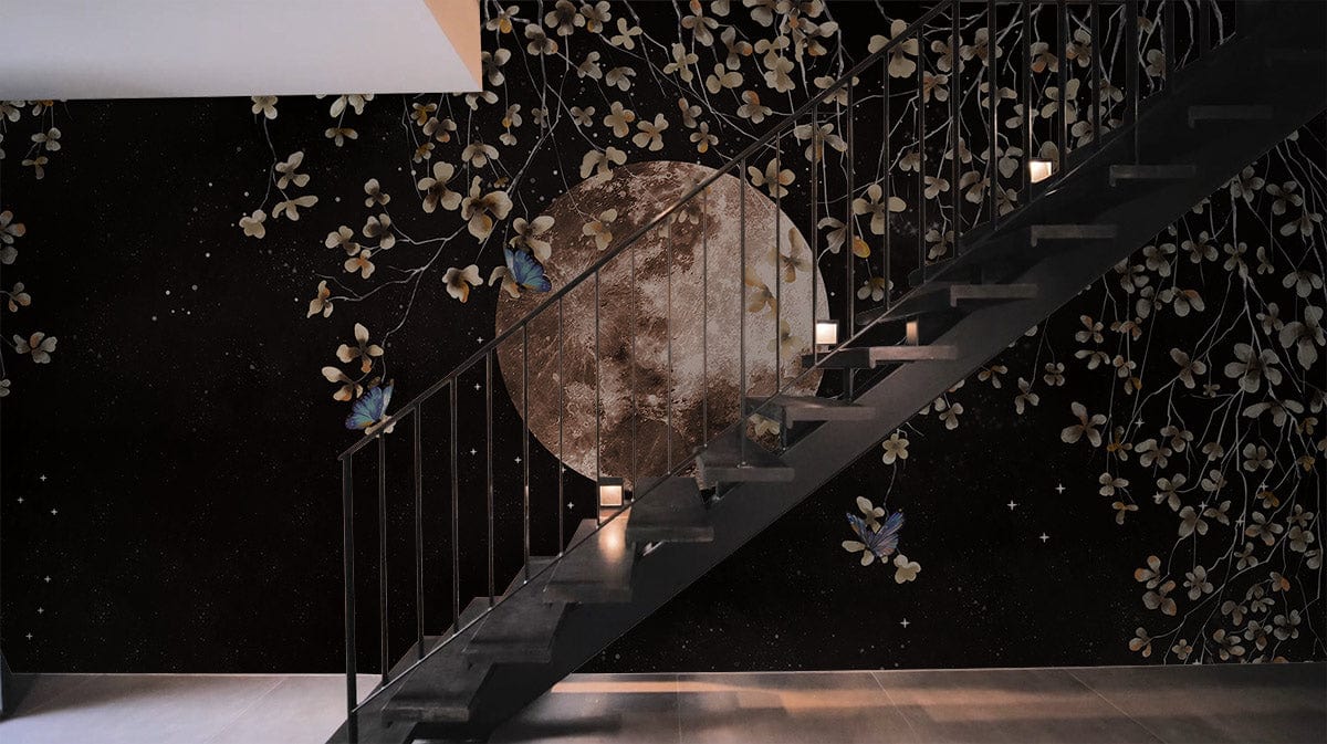 Celestial Night Sky Mural adorns stairway, featuring moon and flowers, enhancing modern interior decor.