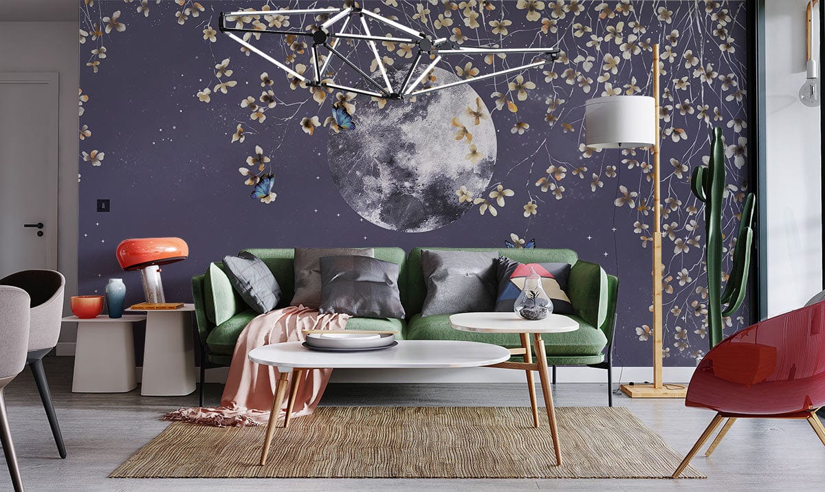 Elegant Moonlit Night Sky Floral Mural Wallpaper, deep purple hues, green sofa, modern living room.