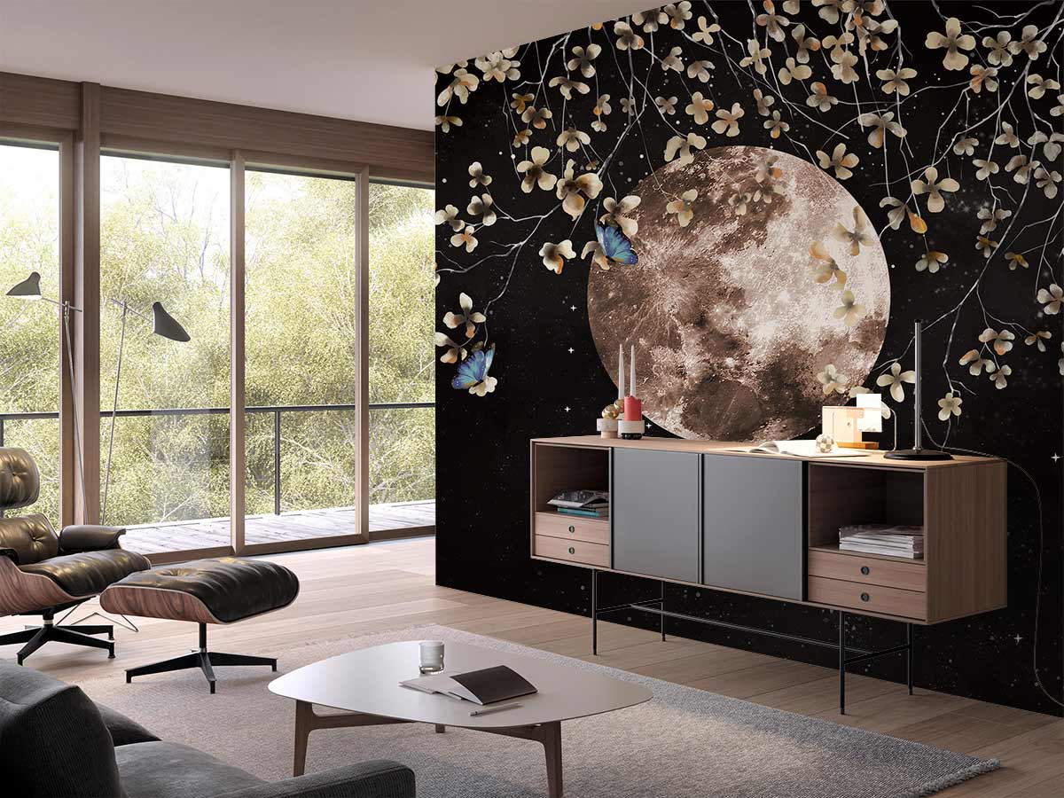 Celestial Night Sky Mural Wallpaper with Moon, floral accents, modern living room, wooden flooring, brown sofa.