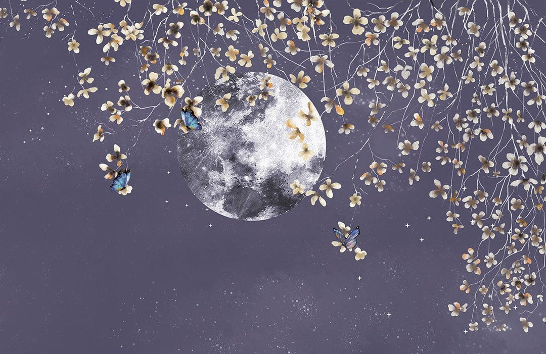 Elegant Moonlit Night Sky Floral Mural Wallpaper in Deep Purple Hues
