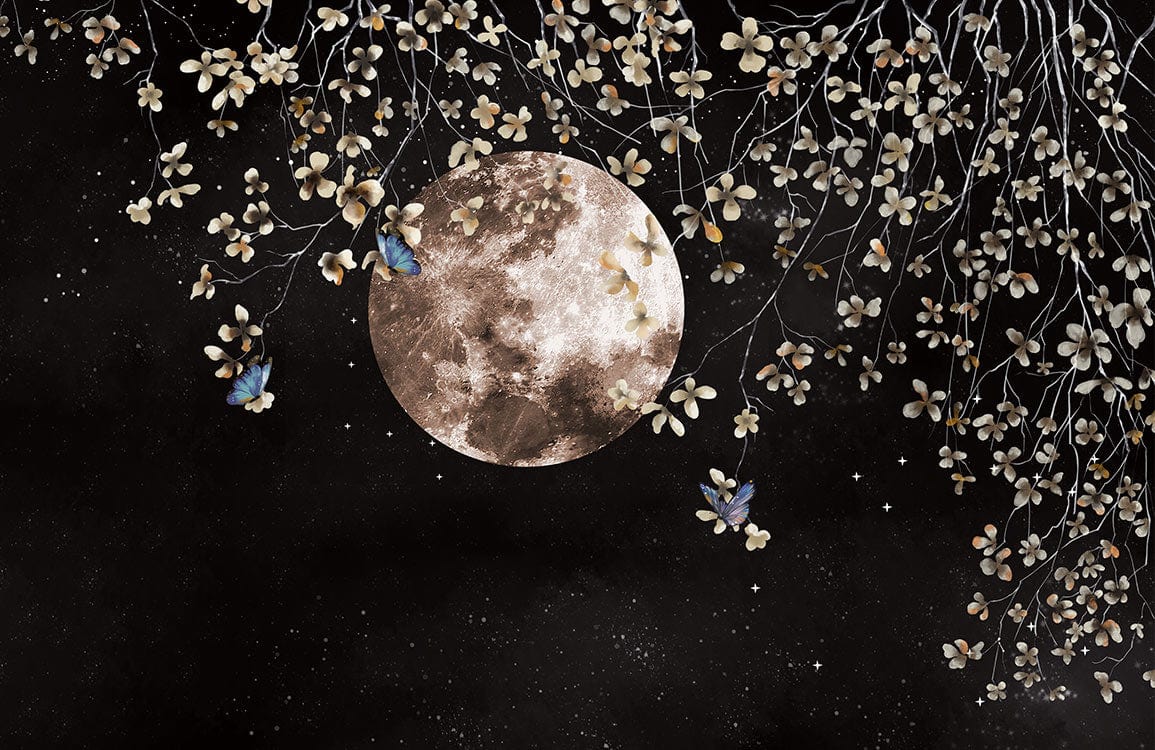 Celestial Night Sky Mural Wallpaper with Moon and Floral Accents Décor