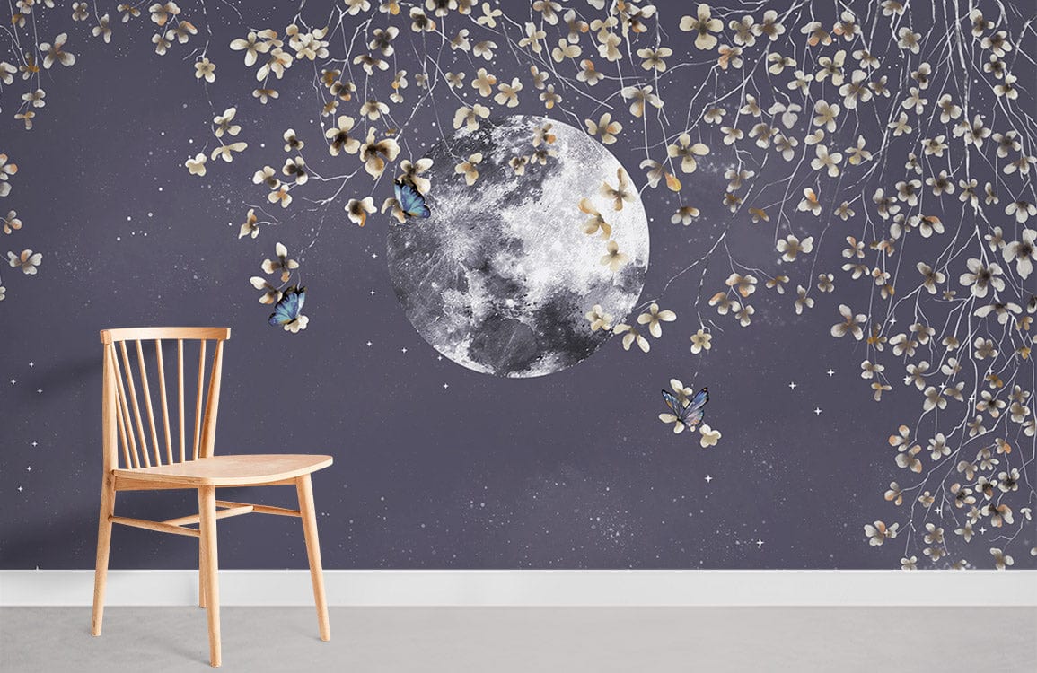 Elegant Moonlit Night Sky Floral Mural Wallpaper, deep purple, wooden chair, complements minimalist decor.