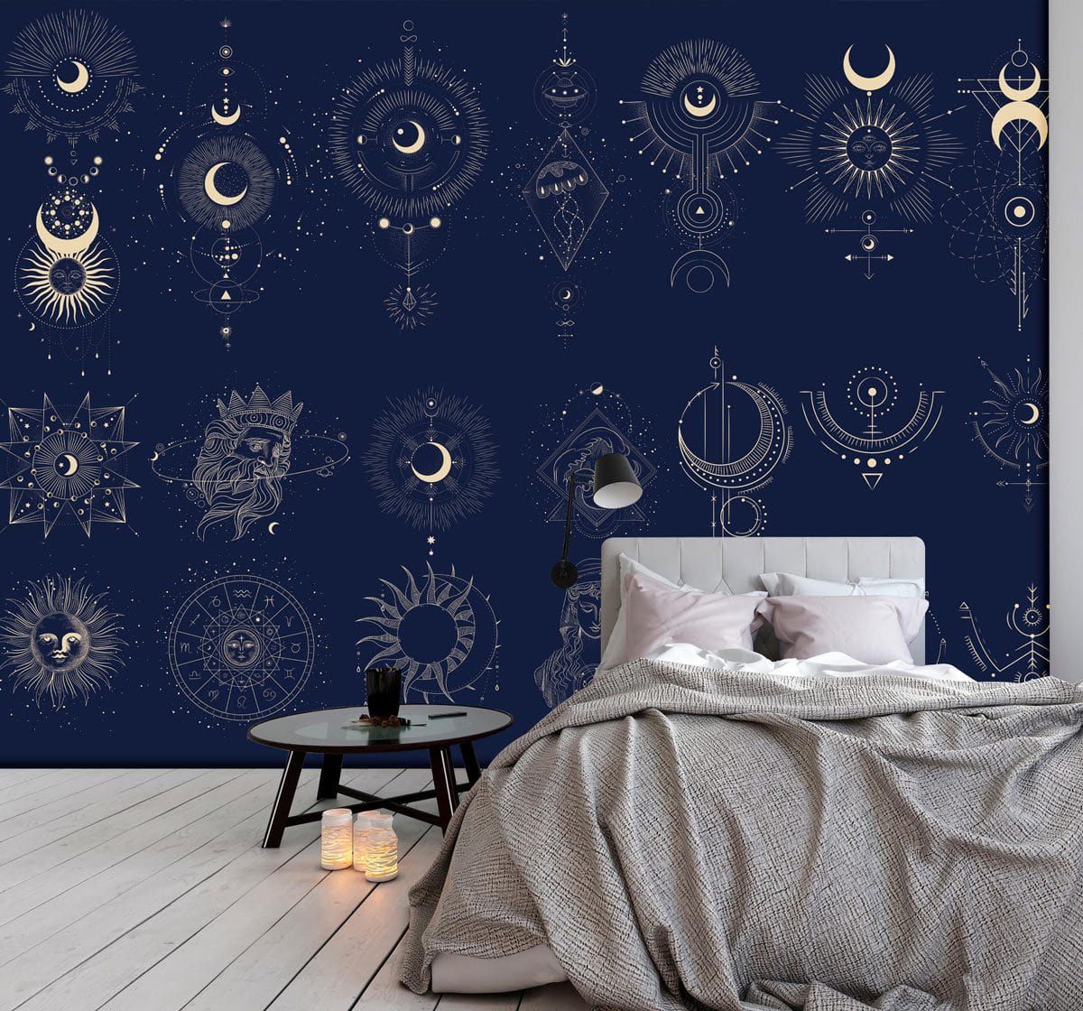 Celestial Navy Blue Mystical Geometric Wallpaper decor in bedroom with modern grey bed, white flooring.