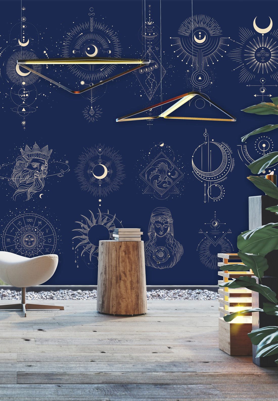 Celestial navy blue mystical geometric wallpaper decor with modern chair, wooden flooring, pendant lights.